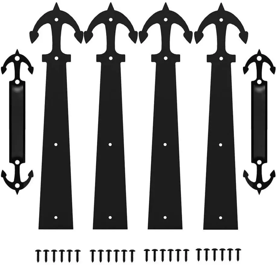 Metal Gate Door House Hinge Handle Set Decorative Garage Door Carriage  Door Hardware Black 2 Handles 4 Hinge with Screws