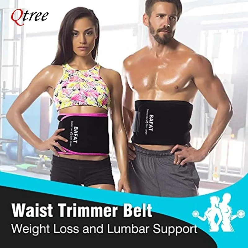 Qtree Black Belly Trimmer Men Waist Trainer Adjustable Compression Wrap Sweat Belt Stomach Wraps for Workout Sports Gym Corset