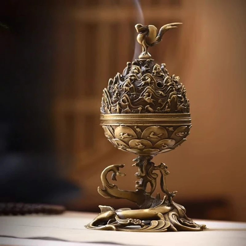 Vermilion Bird Repro Brass Censer Boshan Style Home Incense Burner Indoor Sandalwood Coil Holder Oriental Decor Ornament Stove