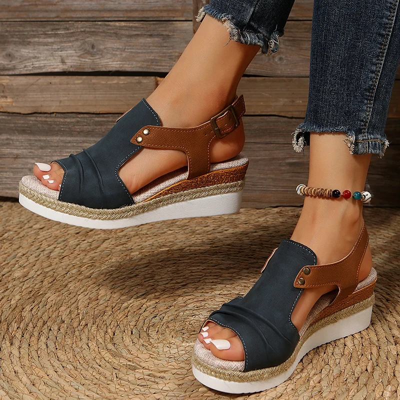 Pleated PU Leather Wedge Sandals for Women Back Strap Espadrilles Platform Sandles Woman 2023 Summer Thick Bottom Peep Toe Shoes