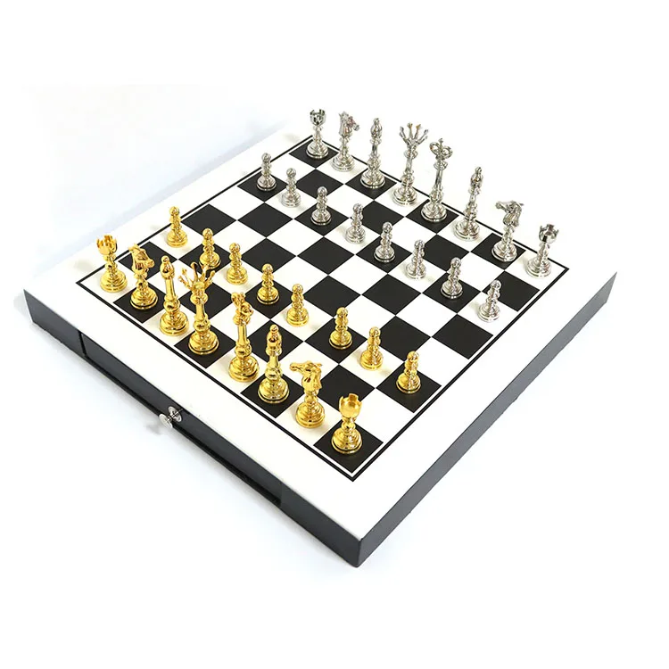 

Professional Custom Entertainment Game Chess Set Bronze Metal Pieces With Board Plated & Printed Logo For Gift