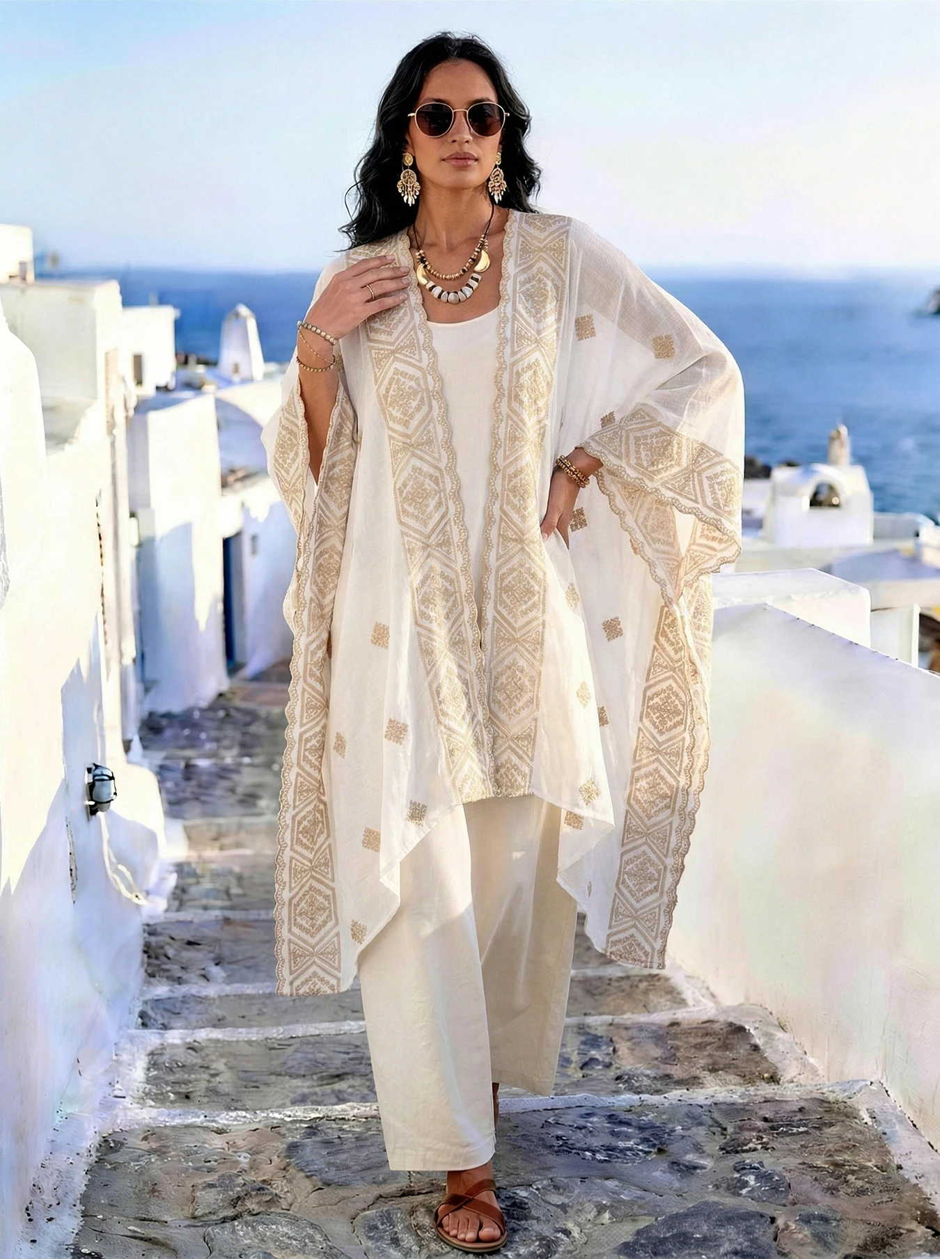 Women Bohemian Embroidered Kimono Cardigan, Loose Open‑Front Long Cape Shawl, Lightweight Beach Cover Up for Vacation Daily Wear