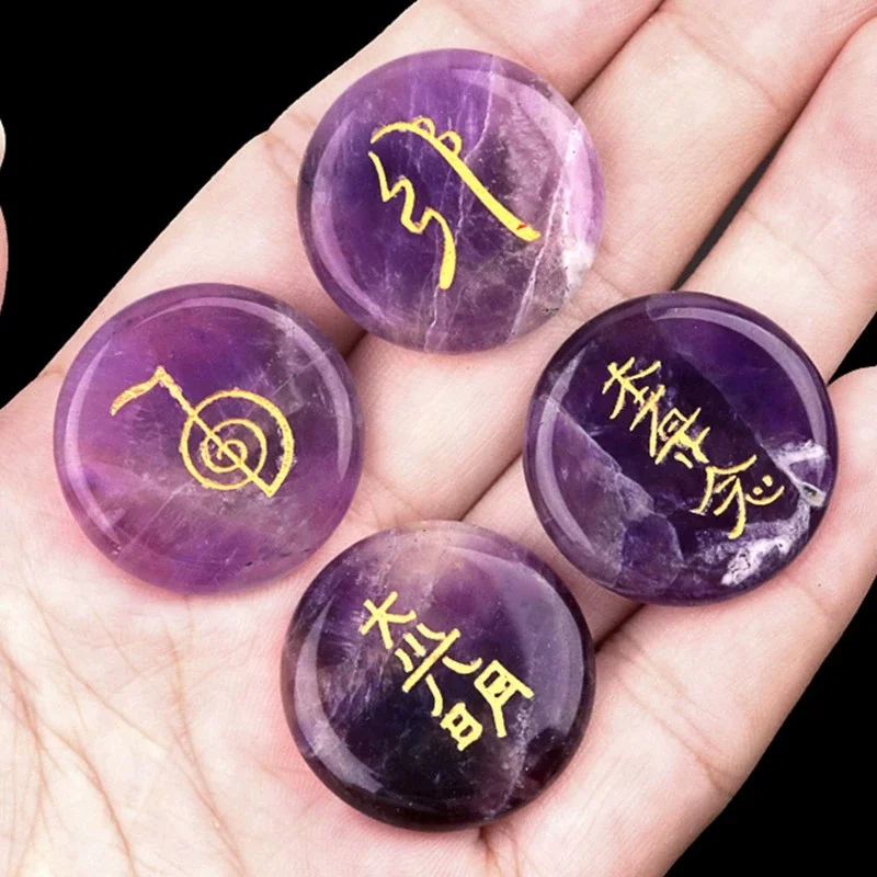 4Pcs Natural Lapis Lazuli Chakra Stones Engraved Symbols Polished Palm Stone Reiki Crystal Healing Divination Stone