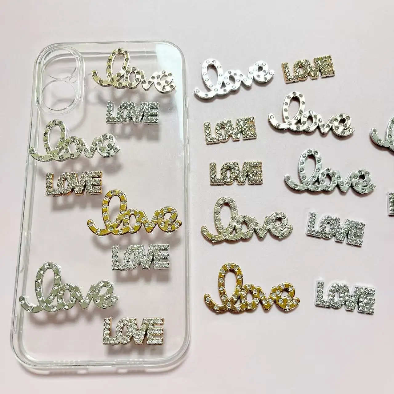 

10Pcs Silvery Golden Luxurious Noble Rhinestone Love Shape Letter Fla Flat Back Junk Phone Case Resin Decoration Charms ﻿