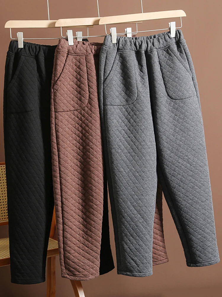 

2024 New Winter Vintage Plaid Cotton-Padded Trousers Thick Warm Plus Velvet Harem Pants Casual Loose Wide Leg Pants Pantalones