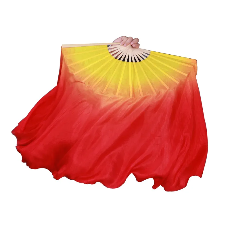 Fire Flame Silk Veil Extra Long Double Side Layers 100% Silk Bamboo Fan Red Orange Yellow Light Weight Dancer Show Props Chinese