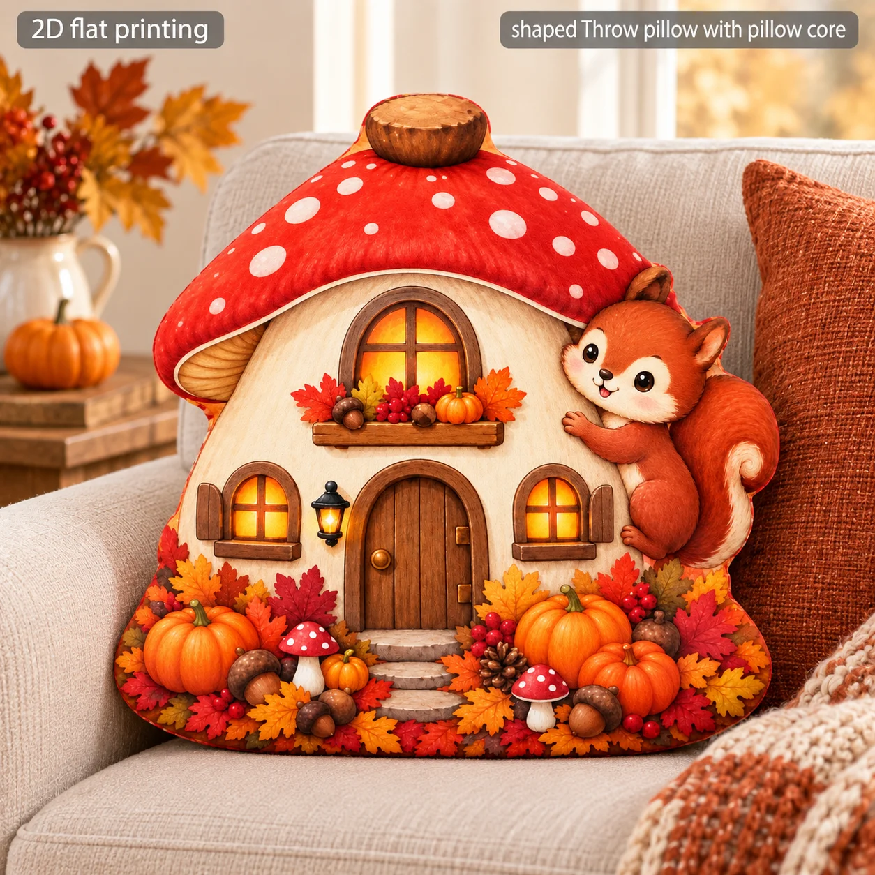 Mushroom Cottage Squirrel Shaped Throw Pillow with Pillow Core Polyester Two Sided Print Decorative Cushion Sofa Bedroom Gift