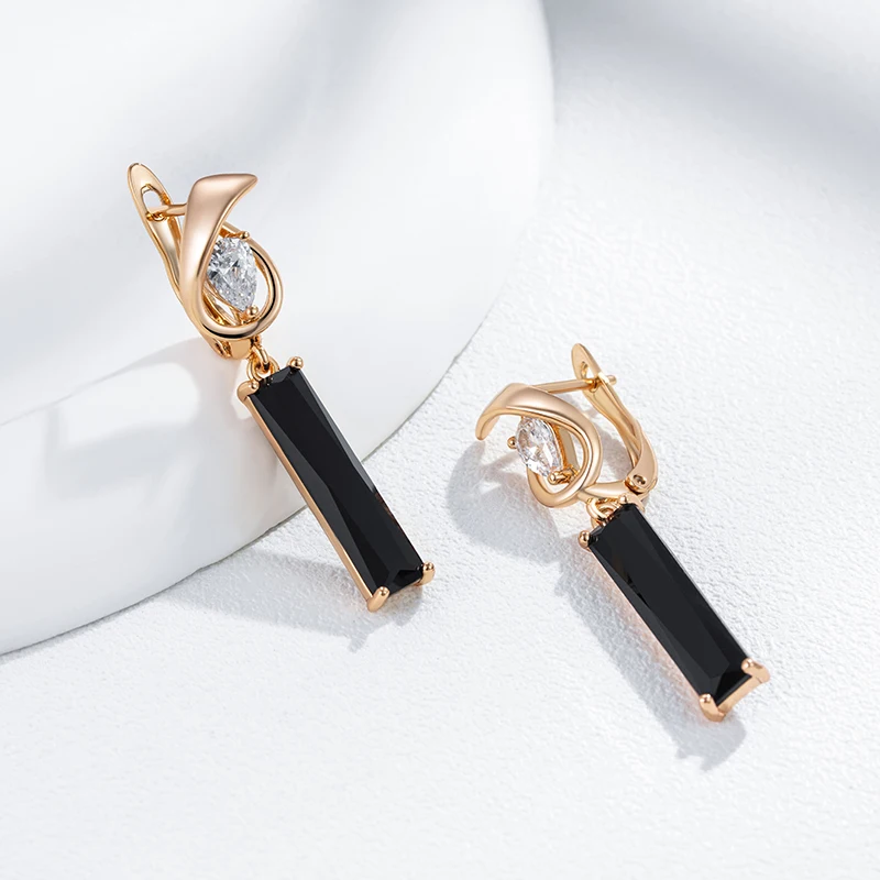 Kinel Hot Simple Long Square Black Natural Zircon Drop Earrings For Women 585 Rose Gold Color High Quality Daily Fine Jewelry
