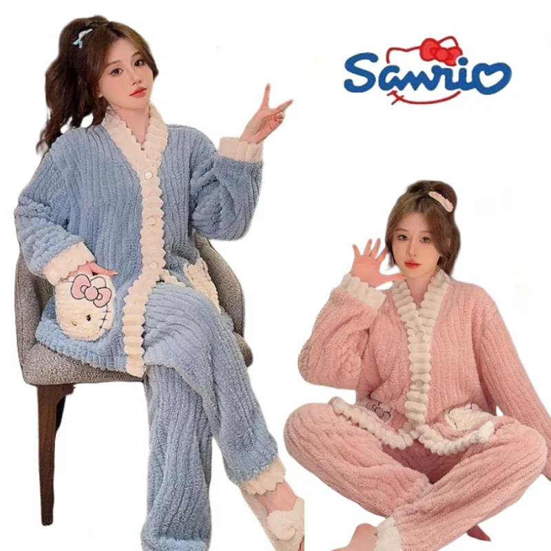 Sanrio Hello Kitty Plus-size Girls Thickened Home Pajamas Plush Cute Cartoon Long Sleeve Comfortable Soft Girls Can Wear 100KG