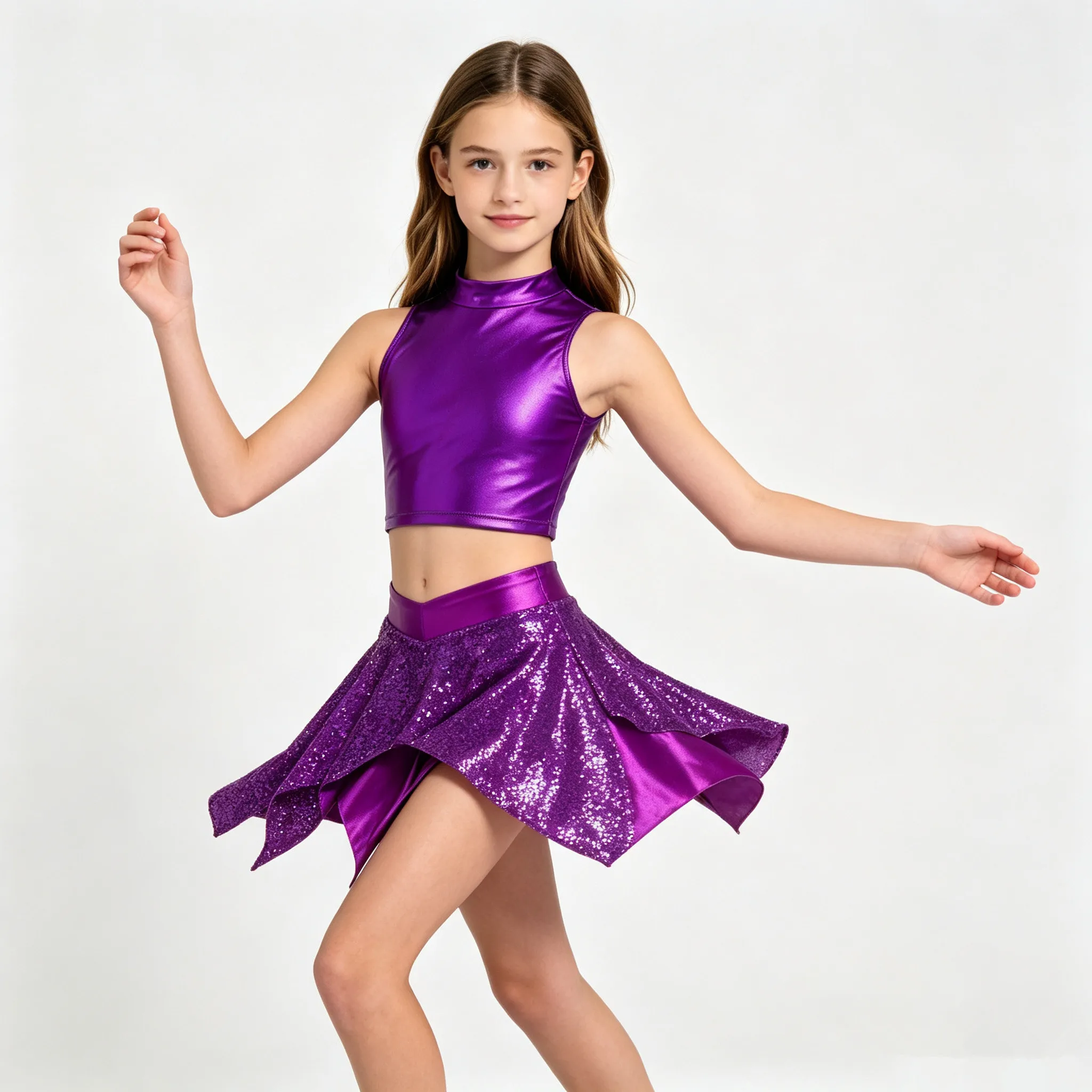 Kids Girls Metallic Shiny Hip Hop Jazz Dance Outfit Sleeveless Crop Tops with Sequins Skirt Cheerleading Performance Costume