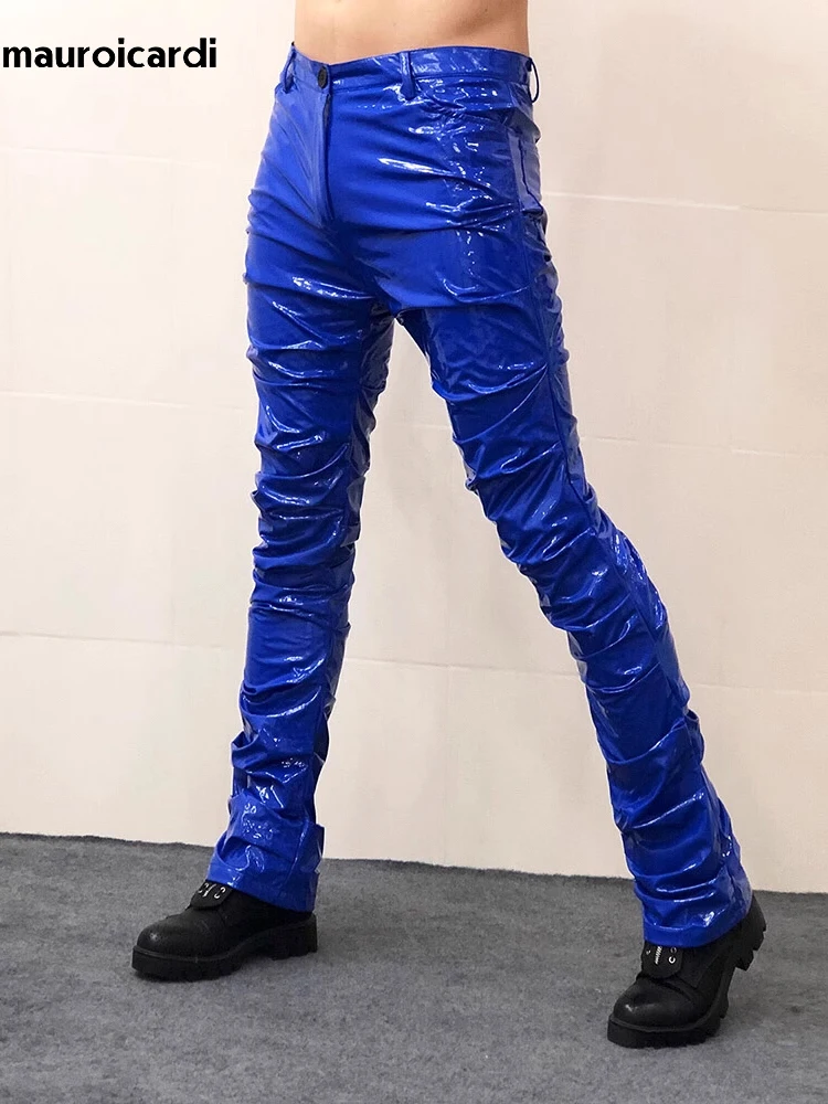 Mauroicardi Spring Autumn Yellow Blue Shiny Reflective Stretchy Soft PVC Faux Leather Stacked Pants for Men 2023 Y2K Streetwear