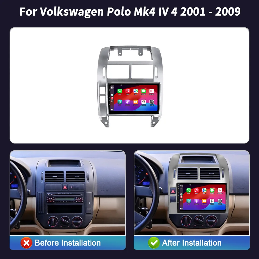 Android 14 For Volkswagen Polo Mk4 IV 4 2001-2009 Car Radio Multimedia Video Player Navigation Wireless BT Carplay Touch Screen