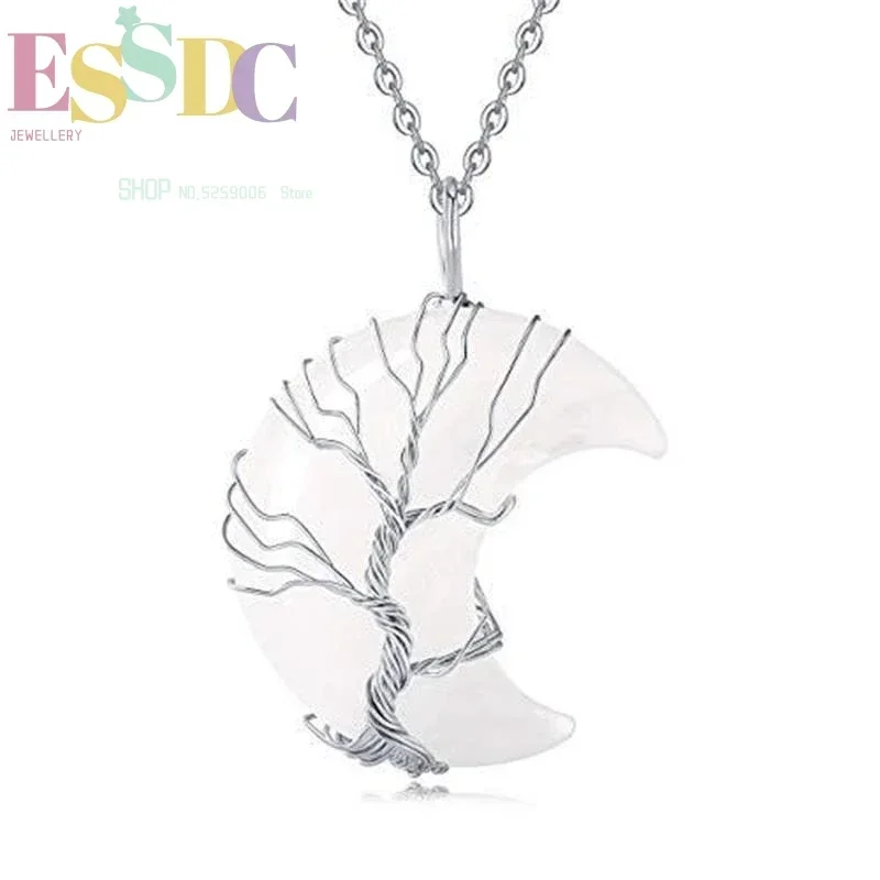 Natural Stone Amethyst Moon Tree Of Life Pendant Necklace Winding Handmade Fortune  Crystal DIY