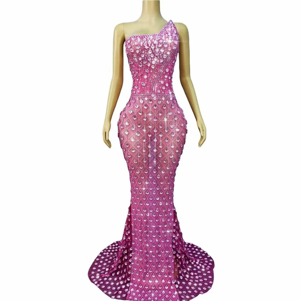 Sexy High-end Sparkly Rhinestones Crystals Fringes Transparent Mesh Dress Women Evening Party Prom Gown Photoshoot Stage Wear