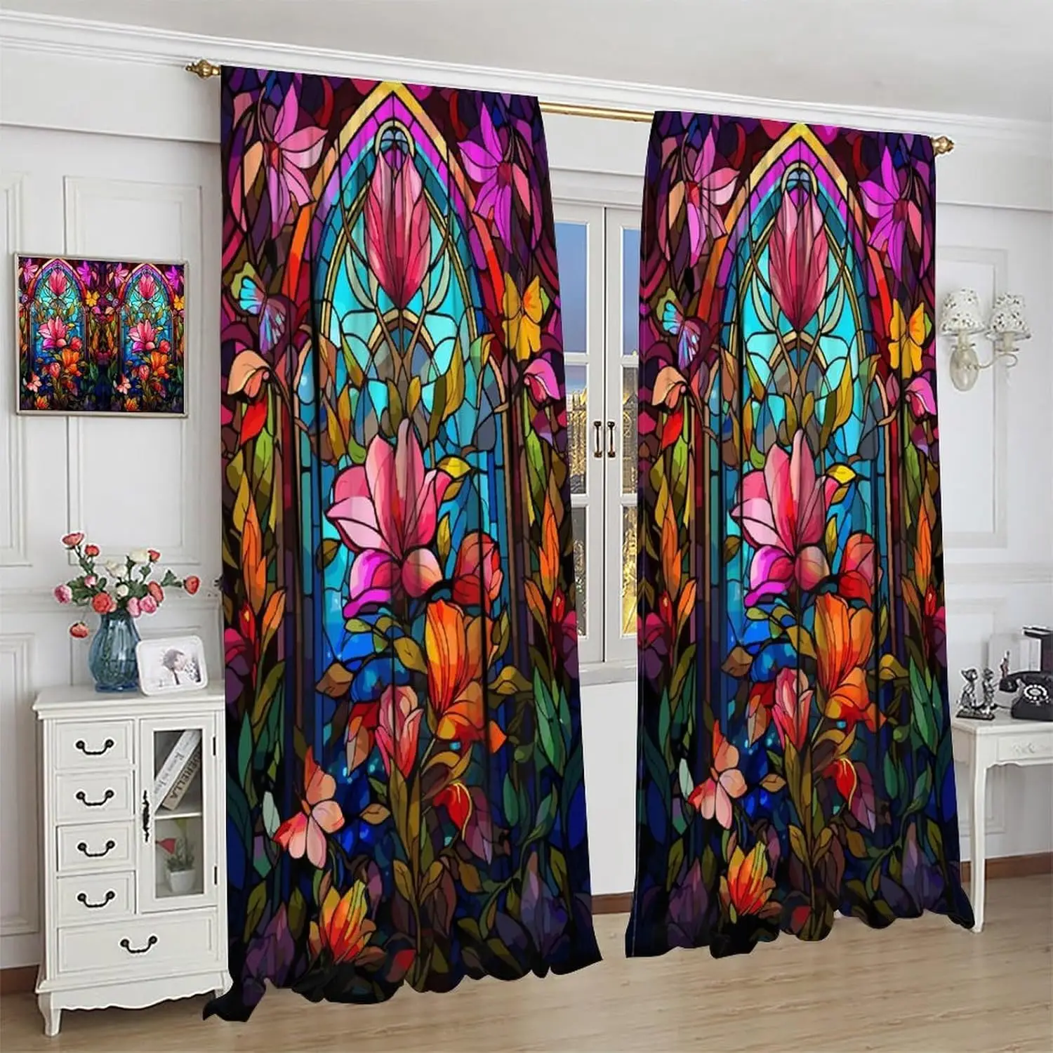 Stained Glass Abstract Flowers Curtains，Mid Century Vintage Bohemian Design Abstract Flowers Curtain for Bedroom Living Room