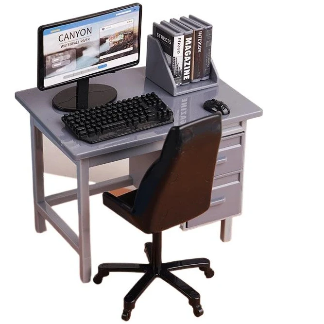 1 Set 1/12 Dollhouse Miniature Computer Keyboard Desk Chair Kit Home Study Room Furniture Decor Micro Scene Props
