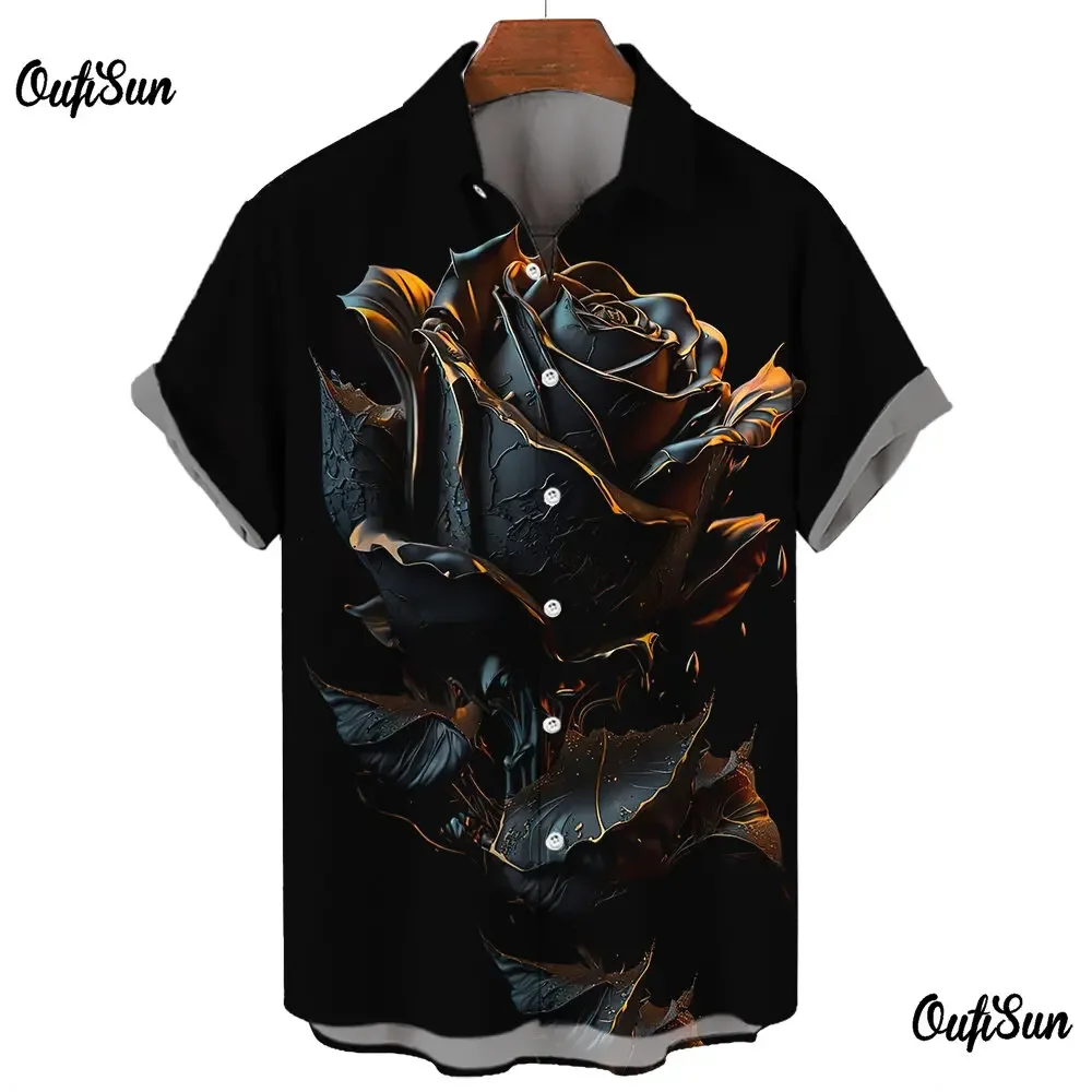 Pure Black Summer Men's Short-sleeved Shirt With Simple Rose Design For Daily Casual Wear Men's Oversized T-shirt Top Size S-5XL