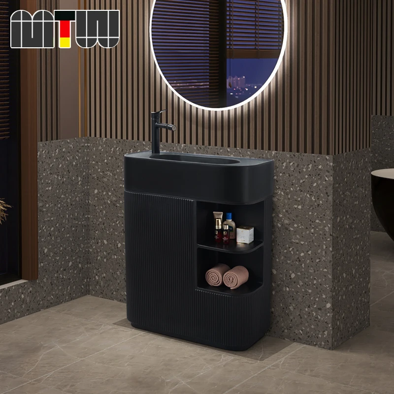 Lavabo de columna minimalista moderno, lavabo de pie integrado, balcón, baño, lavabo vertical de arte grande