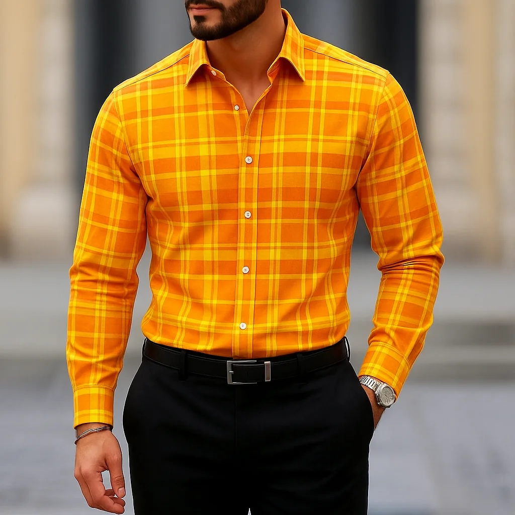 2025 Men's Long Sleeve Shirt Casual Slim Fit Button Down Shirt Striped Bright Yellow Shirts for Men Fashion Top Blouse Male Tees