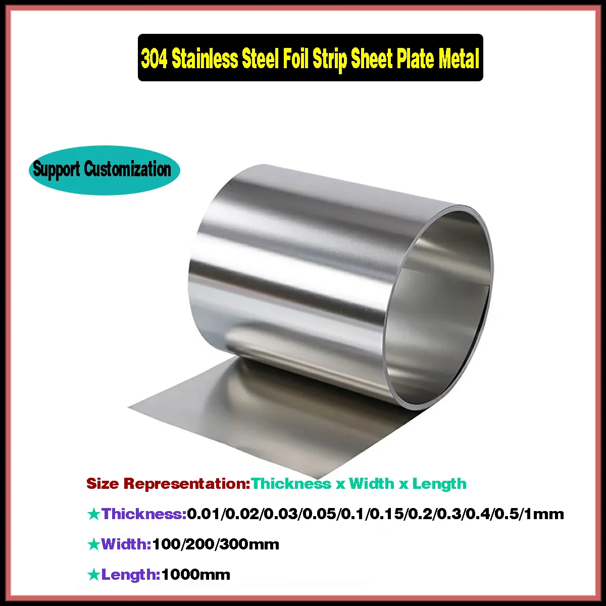 304 Stainless Steel Strip/Thin Steel Sheet/Thin Sheet,Thk0.01/0.02/0.03/0.05/0.1/0.15/0.2/0.3/0.4/0.5/1mm W100/200/300mm L1m