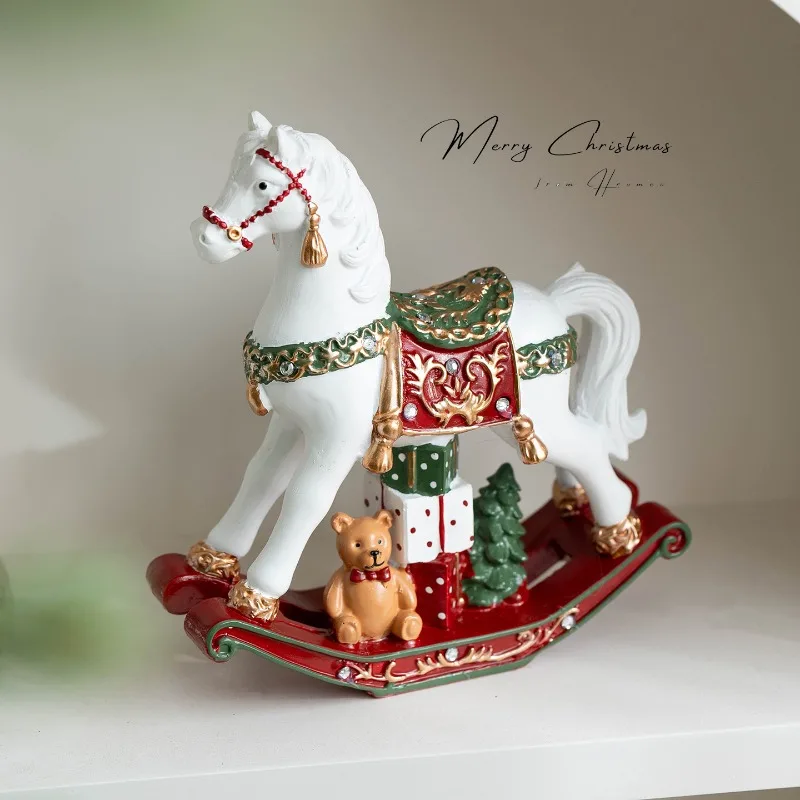 Christmas Resin Rocking Horse Desktop Decoration Ornament Christmas Desktop Atmosphere Arrangement Decoration Christmas Gift