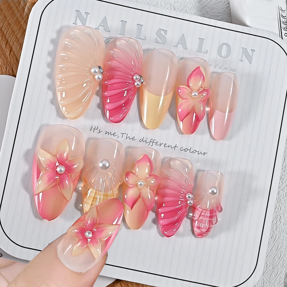24Pc 3D Blush Pink Gradient Flowers Fake Nails Jelly Shell Ripples Nail Patches False Nail Tips Pearl Y2K Fashion Press on Nails