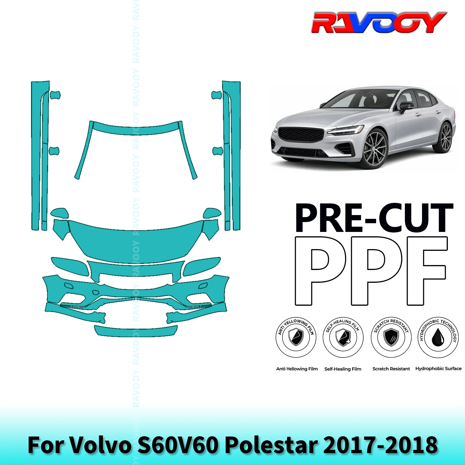 For Volvo S60V60 Polestar 2017-2018 Partial Front+Rocker Panels 8.5Mil Pre-Cut Paint Protection Film PPF Kit | Clear/Matte/Black