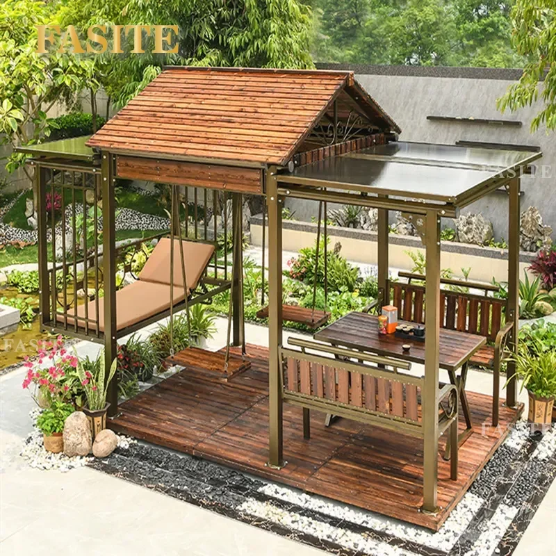 For Outdoor Gazebo Leisure Swing Lying Bed Solid Wood Carbonized Pavilion Villa Courtyard Garden Terrace Shade Furniture