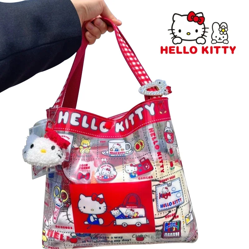 Sanrio Hello Kitty przezroczysta torba na ramię dla kobiet torba na zakupy wodoodporna torebka z PVC Cartoon śliczne dziewczyny torba na ramię