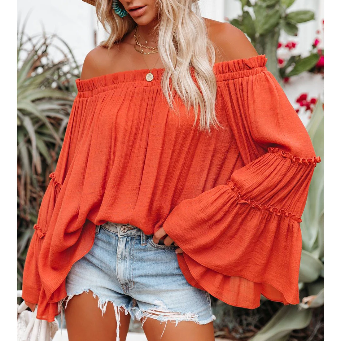 Sexy Off Shoulder Flare Long Sleeve Blouse for Women Casual Loose Oversize Autumn Tops AM4576