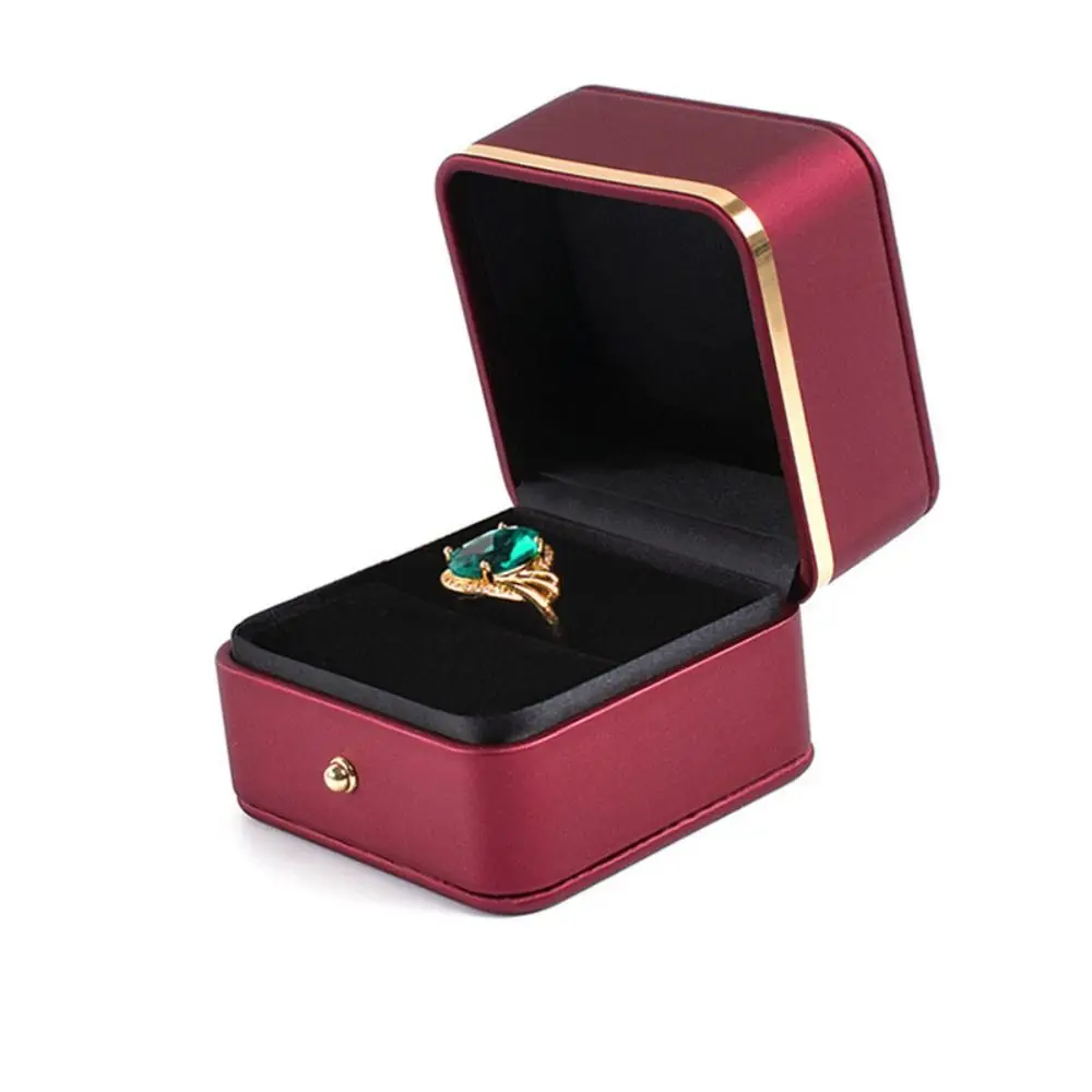 Lightweight PU Leather Square Ring Box Gold Trim Velvet Interior Ring Display Boxes Elegant Ring Storage Case Engagement