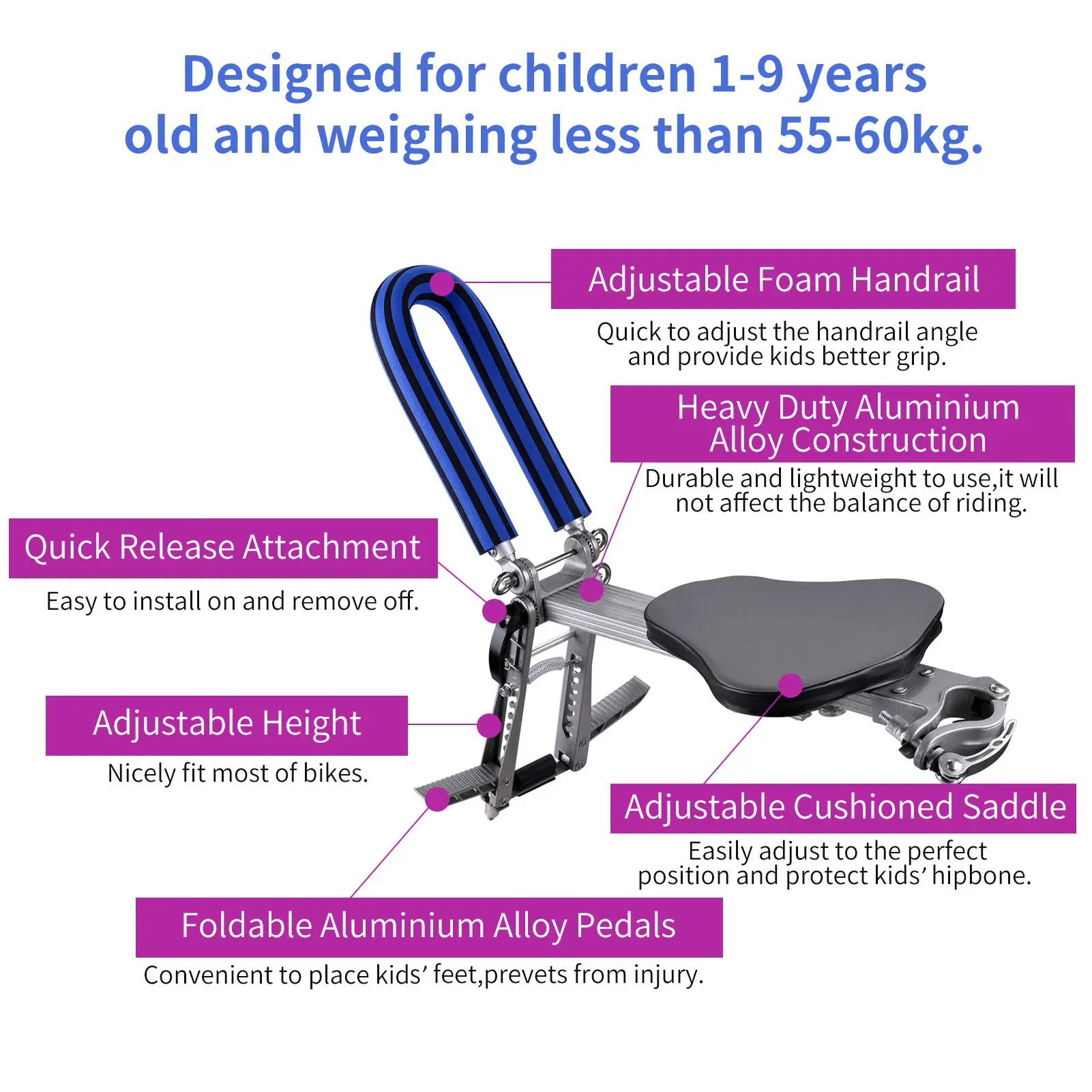 Folding Child Bike Seat with Handrail Storage Bag Portable Ultralight Bicycle Front Mount Baby Bicycle Carrier