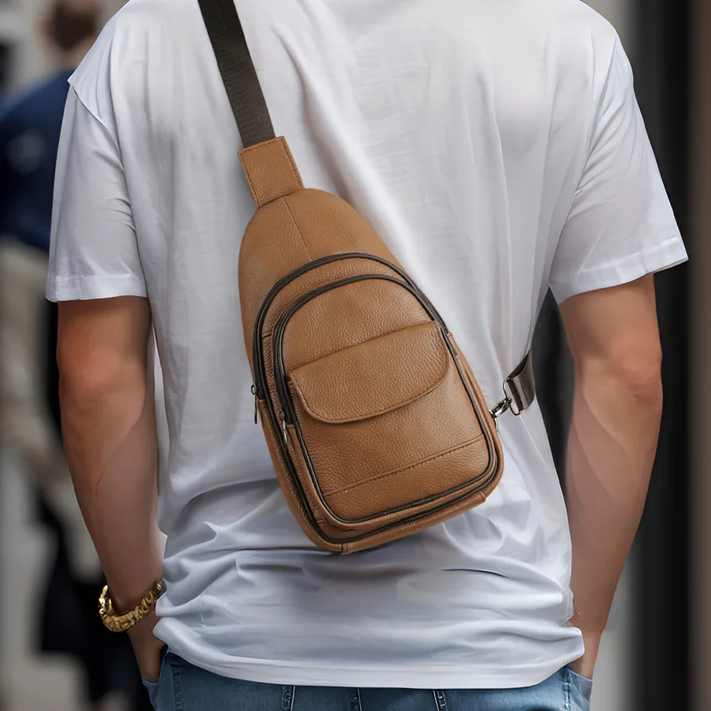 Bolso de pecho de cuero genuino de gran capacidad para hombres, bolso de hombro cruzado con bolsillos multifuncionales, piel de vaca de grano superior