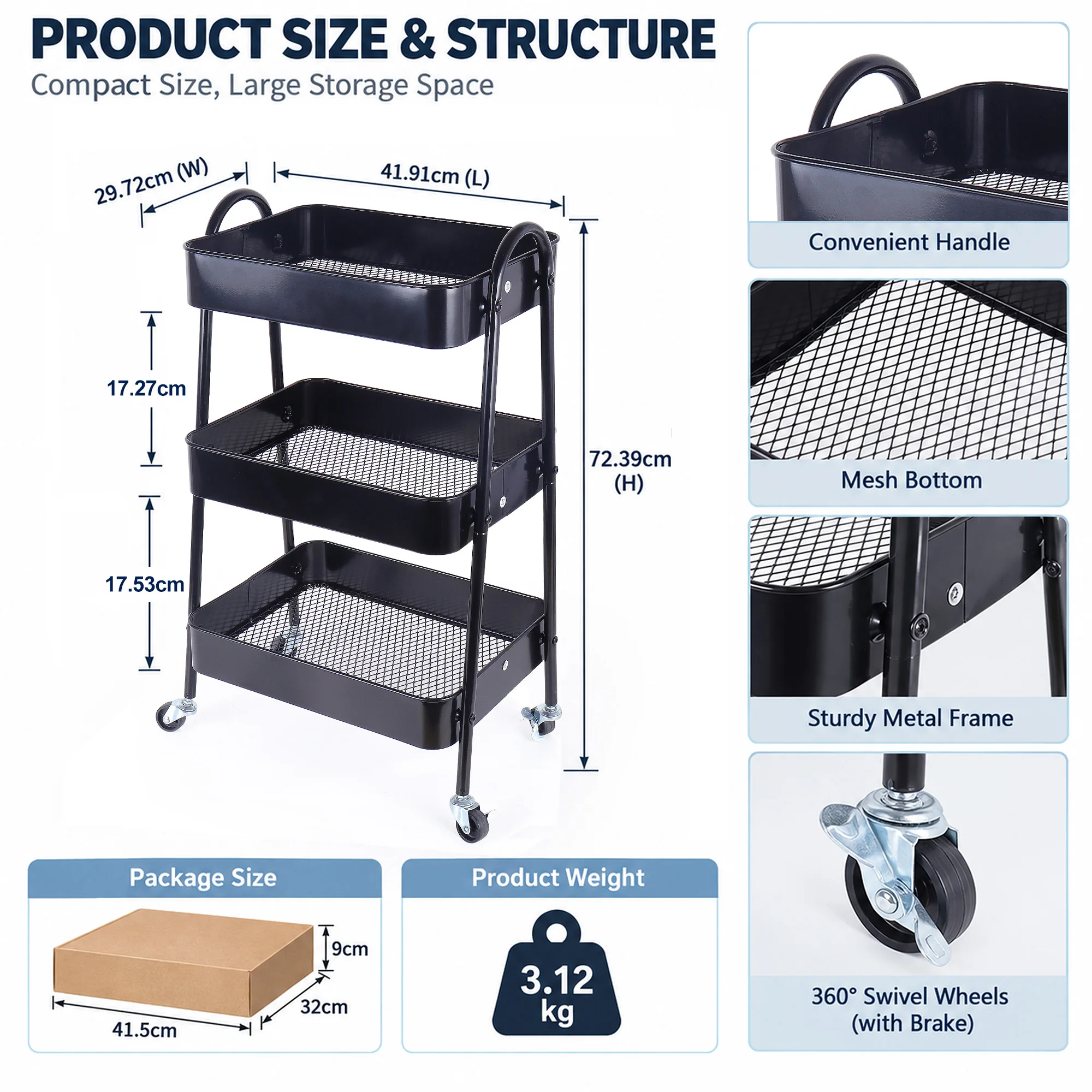 3 Tier Utility Rolling Cart, Metal Storage Cart, Multifunctional Storage Organizer Trolley with Mesh Baskets