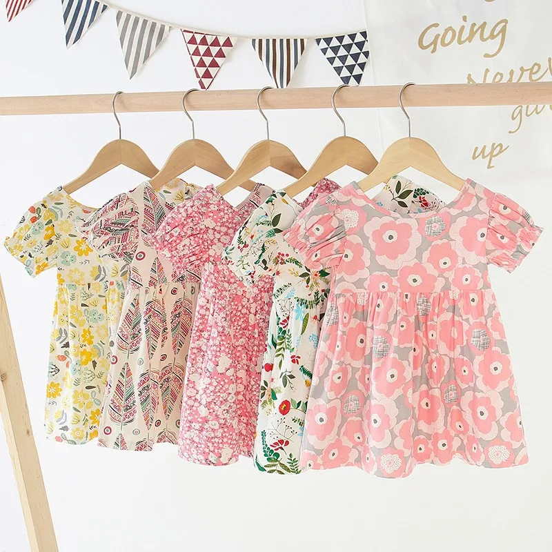 Spring Summer Korean Girls' Clothing Flower Print Cotton Kids Girls A-line Princess Dress Children's Short Sleeve Beach Dress