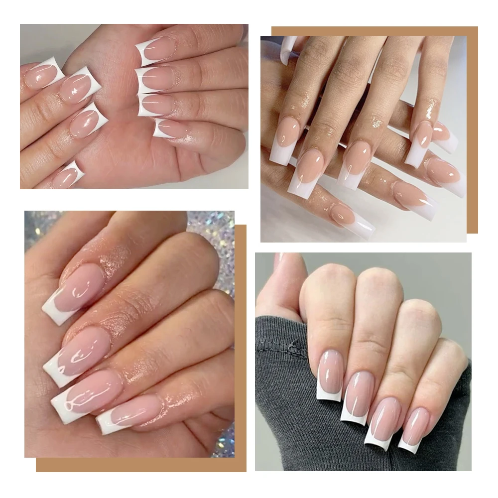 เล็บปลอมสีขาวแบบฝรั่งเศส 120 ชิ้น เล็บเจลใสแบบมินิมอล เล็บปลอมแบบกดติด ปิดเต็มเล็บ เล็บปลอมต่อเล็บ