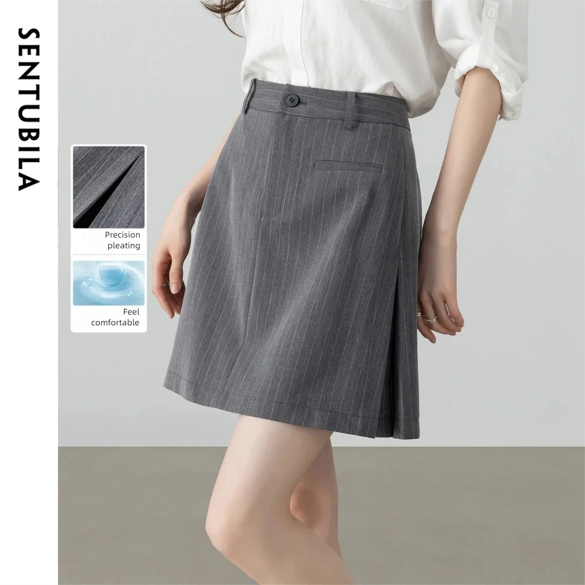 

SENTUBILA Women Striped Suit Skirt Pleated Design A-line Gray Mini Skirt 2026 Summer Minimalist Commuter Work Office 162QA6900