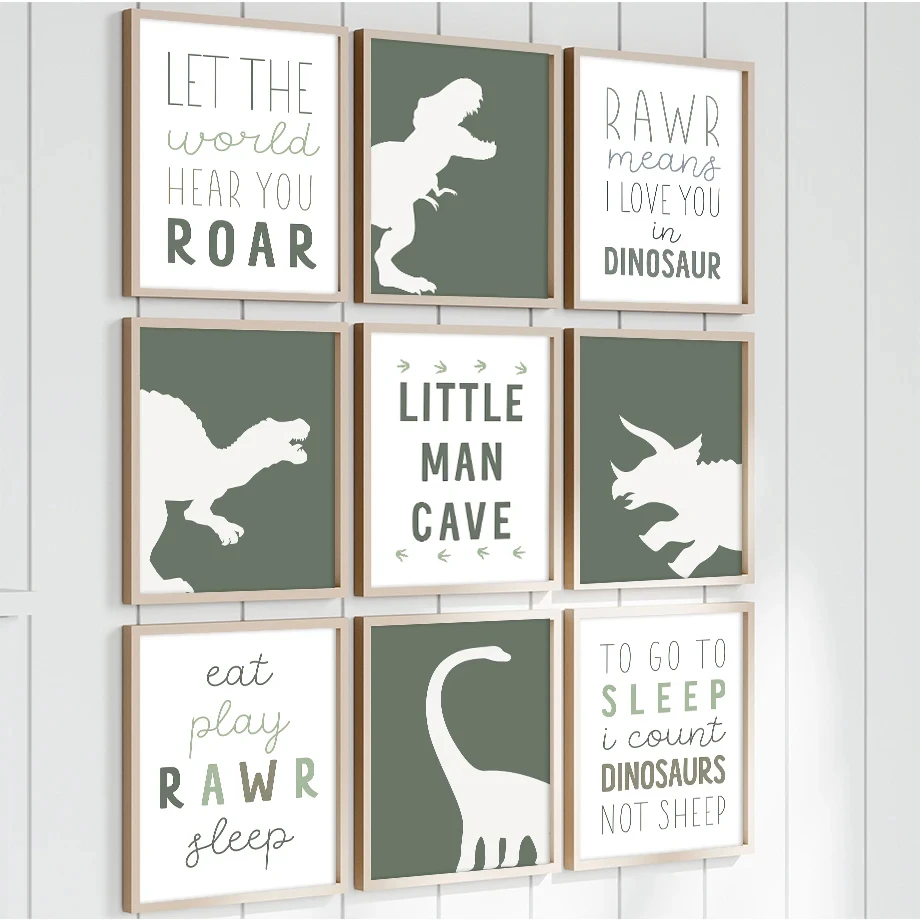 Triceratops Tyrannosaurus Little Man Cave Wall Art Canvas Posters Prints Dinosaurs Footprint Boy Room Decor Baby Shower Gift