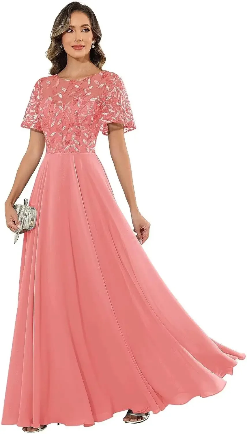 Blumen-Applikation Tüll Langes Kleid Damen Flatterärmel Fließendes Bodenlanges Kleid Formelles Abendkleid für Hochzeitsgäste – Detail 7