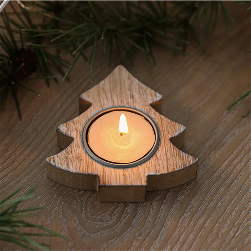 Christmas Decoration Candle Holder Wooden Candlestick Ornament Heart Snowflake Star Tree Shaped Home Desktop Decorations