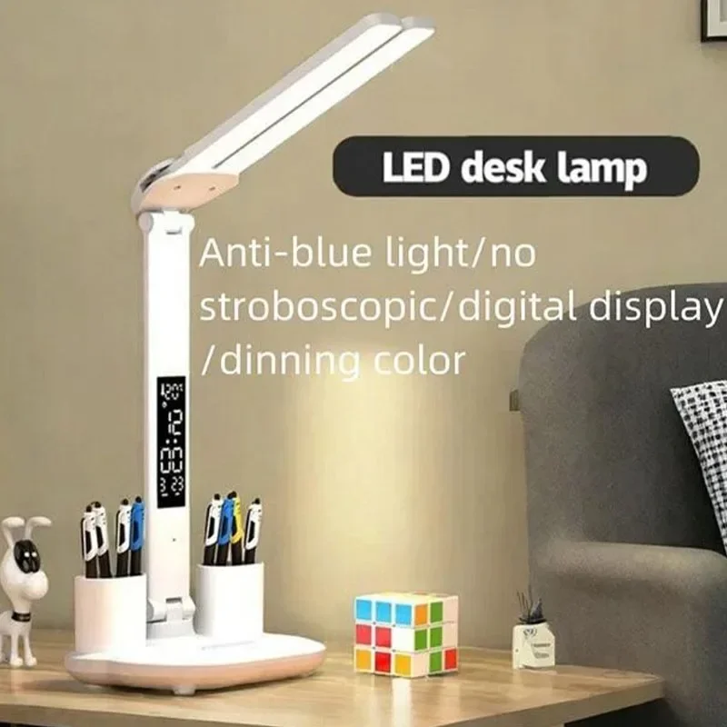 LED Desk Lamp USB Dimmable Touch Foldable Table Lamp with Calendar Temperature Clock Night Light for Study Reading Lamp