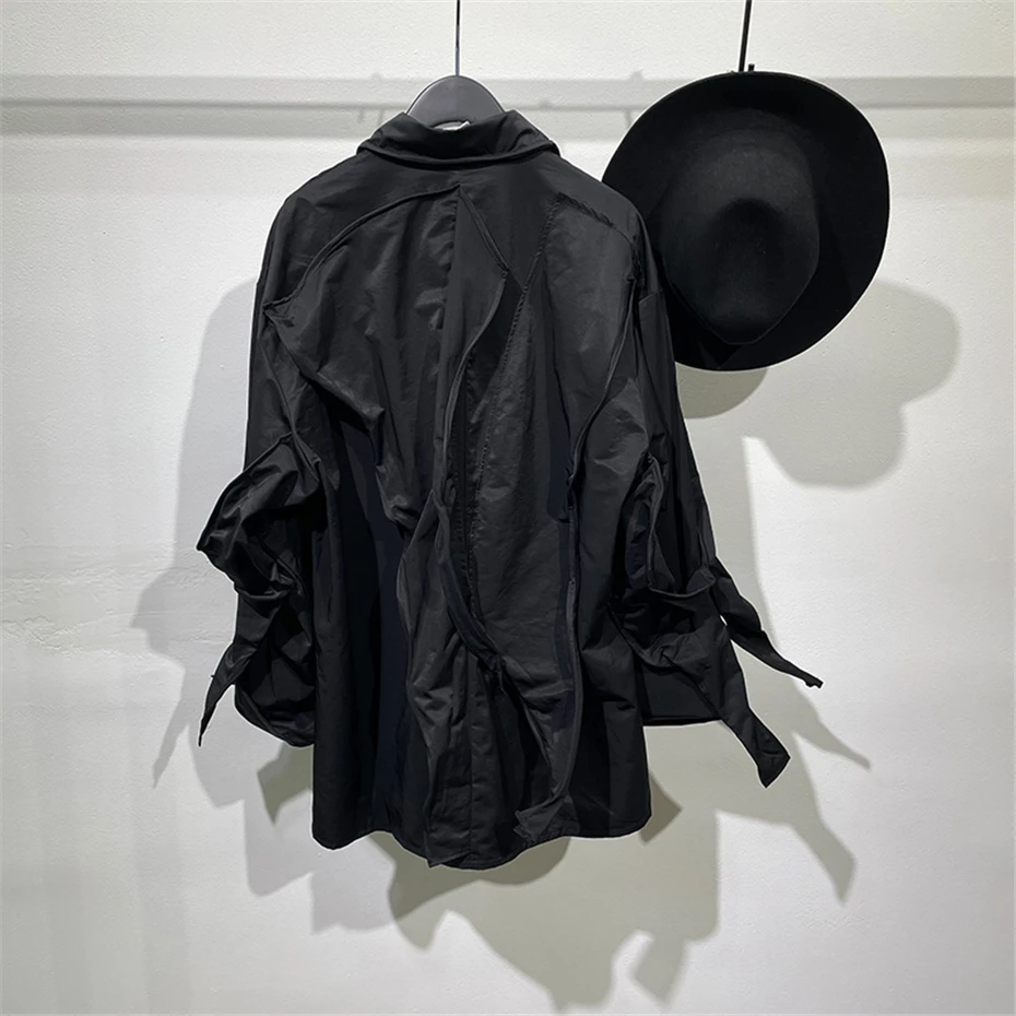 Irregular Patchwork Casual Shirt Men Streetwear Hip Hop Punk Long Sleeve Shirt Oversized Harajuku Vintage Black Blouse Coat Male