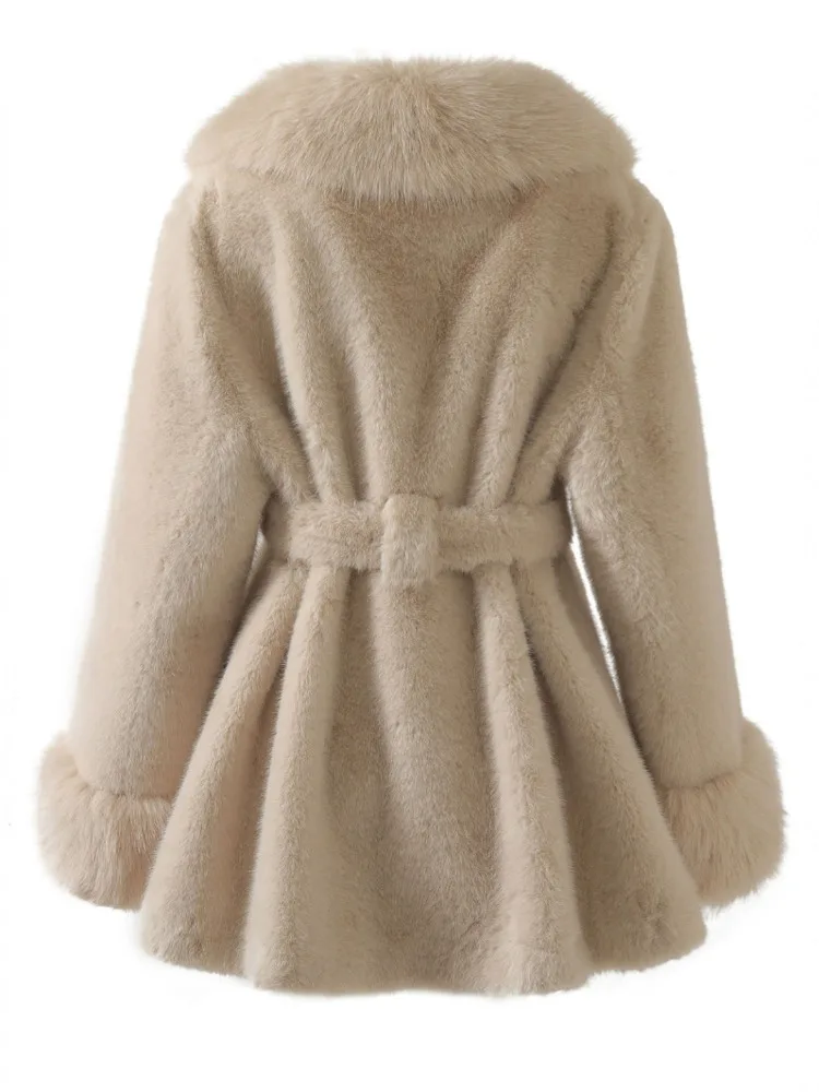 ZMEENNA 女性のエレガントなフェイクファーコートラペル襟長袖冬暖かいアウターベルトぬいぐるみソフトファッションベージュ ZM3354