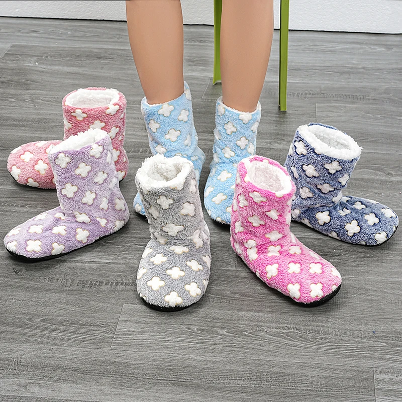 Women Christmas winter home boots Flannel Shell Printed Flower Cotton Boots Winter Home Warm Floor Shoes