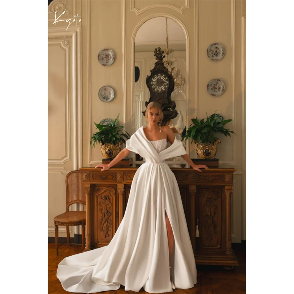 

Kyoto Customized Asymmetric Shoulder Strap Beads Wedding Dress Pleated Split Waist-cinching Long Train 2025 فستان زفاف