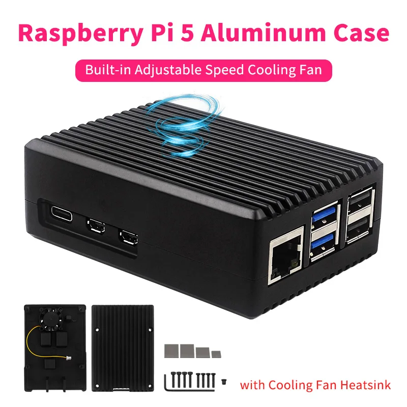 

Raspberry Pi 5 Aluminum Case Built-in Adjustable Speed Cooling Fan Activeing Passive Cooling Metal Case for Raspberry Pi 5
