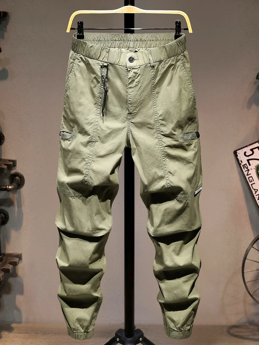 

Летние тонкие американские брюки свободного кроя, повседневные брюки, мужские модные рабочие брюки с несколькими карманами, молодежные модные брюки с манжетами