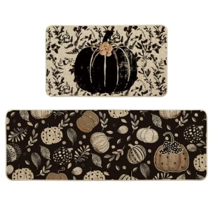 

Осенние кухонные коврики с черными тыквой и кленовыми листьями, набор из 2 низкопрофильных кухонных ковриков для домашнего декора 17x29 и 17x47 дюймов