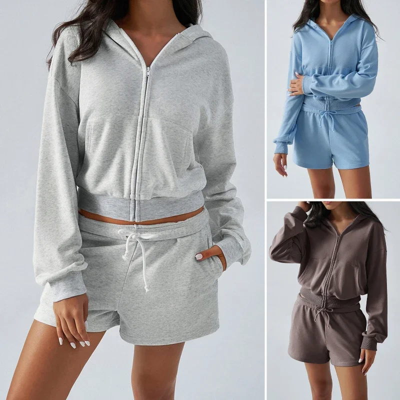 Women's Two Pieces Set Autumn Fashion Hooded Zipper Crop Hoodie Slim Lace-up Shorts Knitwear Casual Suit Elegant Women's Sets