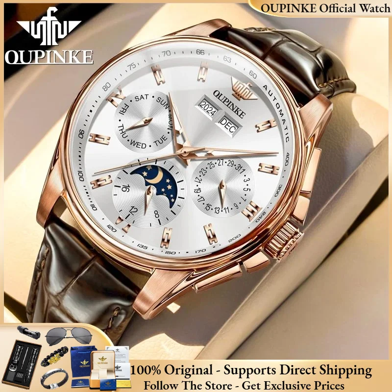 

OUPINKE 3189 Men Fully Automatic Mechanical Watch Leather Strap Waterproof Moonphase Chronograph Top Luxury Original Men Watch